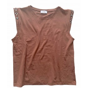 T-SHIRT SLEEVELESS, IN BROWN WITH BROAD SHOULDERS & CRYSTALS "STYLISHIOUS COLLECTION"