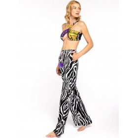 PANTS IN ZEBRA PRINT, WIDE , WITH PURPLE DRAWSTRINGS AND FEATHERS  'STYLISHIOUS COLLECTION"